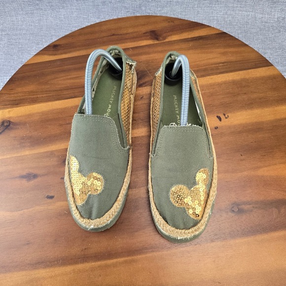 Disney Mickey Mouse Olive Green Sequin Espadrille Slip On Shoes Size 8 - Picture 3 of 15